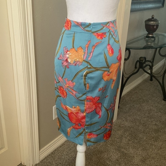 Anthropology Yoana Baraschi Blue and Orange Tropical Floral Cotille Wrap Skirt 6 - Picture 5 of 10